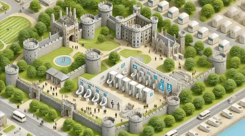 A detailed illustration showing the modern toilet facilities at Windsor Castle, including accessible toilets and baby care facilities