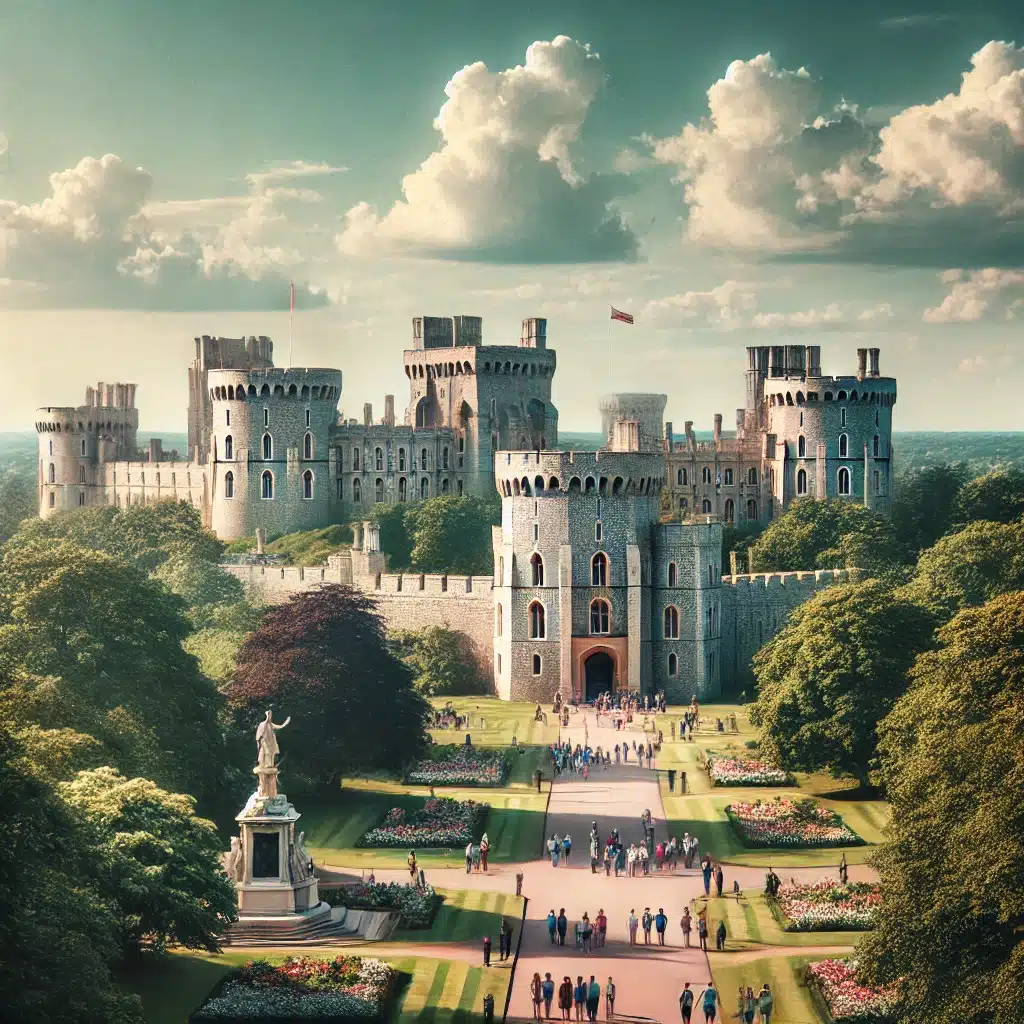 An imaginary scenic view of Windsor Castle with its majestic towers and lush green gardens