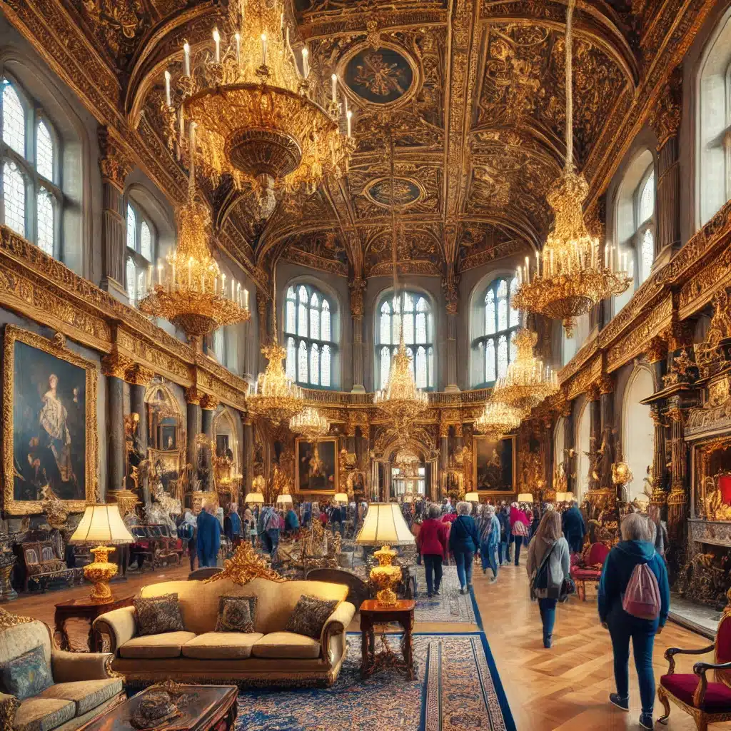 Imaginary Interior view of Windsor Castle's State Apartments, showcasing the opulent decor and royal treasures.