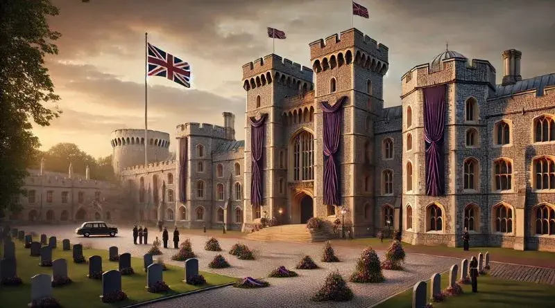 A solemn and respectful scene of Windsor Castle during a national mourning period