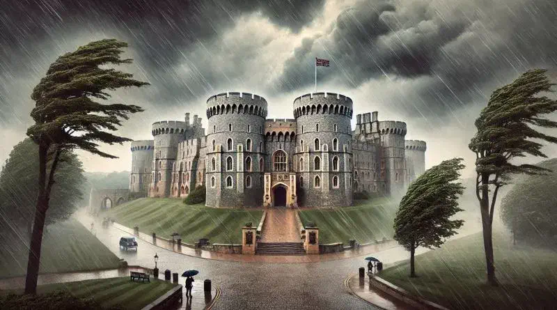 Windsor Castle during severe weather conditions, showing strong winds and heavy rain with dark clouds looming over the historic structure